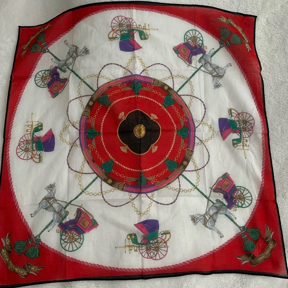 Celine Elegant Red and White Scarf/Hankerchief with Horse Carriage Design - Picture 2 of 8